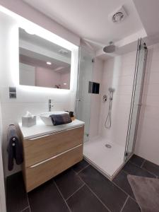 La salle de bains est pourvue d'un lavabo et d'une douche. dans l'établissement AnaCapri Gästehaus Girona, à Ueckermünde