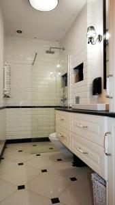 a bathroom with a toilet and a sink and a mirror at Vintageapartment in Sopot +4 photos