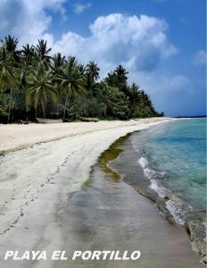 uma praia com palmeiras e o oceano em Samán Residences D3 em Las Terrenas