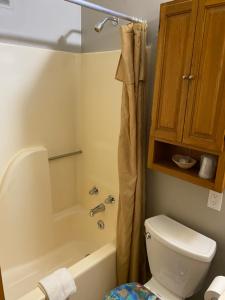 ein Badezimmer mit Toilette, Badewanne und Waschbecken in der Unterkunft Wigwam Motel in Cody + 33 Fotos