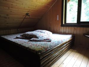 a bed in a wooden cabin with a window at Rustic House in Stana de Vale