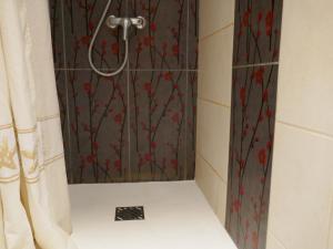 a shower in a bathroom with red flowers on the wall at Chambre indépendante in Caen
