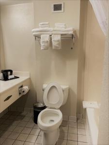 y baño con aseo, lavabo y toallas. en Quality Inn Danville - University Area, en Danville