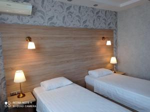 KachkanarにあるHotel Pyaterochka Luxのベッド2台 壁にランプ2つが備わる客室です。