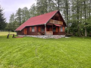 a log cabin with a red roof on a grass field at Sikaszoi vizimalom in Sicasău