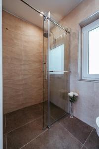 y baño con ducha de cristal y ventana. en Apartment Oddih with terrace and private SAUNA en Bled