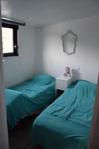 twee bedden in een kleine kamer met groene lakens bij bateau du moulin girault in Panzoult