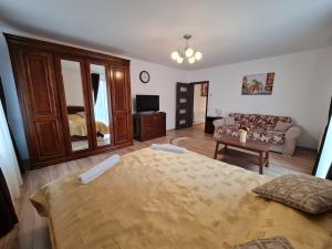 a bedroom with a bed and a living room with a couch at Select City Center in Târgu-Mureş