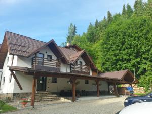 a house with a porch and a roof at Pensiunea Cheile Repezii in Borşa +13 photos