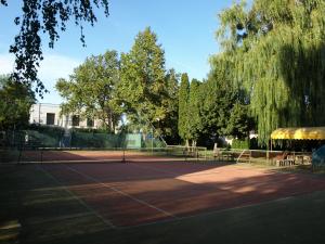 a tennis court with trees in the background at Garden Club Panzió in Balatonmáriafürdő
