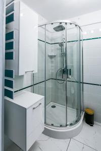W łazience znajduje się prysznic ze szklanymi drzwiami. w obiekcie Apartament w Centrum III w Ustce