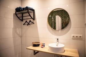 a bathroom with a sink and a mirror at Natuur lodge in Blesdijke