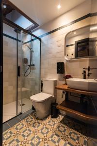 a bathroom with a toilet and a sink and a shower at Apartamentos Rurales Casa Llongo in Coaña