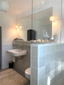 a bathroom with a sink and a toilet and a mirror at Pension Villa Fortuna in Lübben