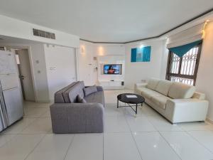 a living room with two couches and a tv at Amdar Holiday Apartments in Eilat