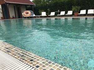 a swimming pool with a slice of pizza in the water at Meggyes Hotel in Szerencs