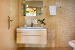 a bathroom with a sink and a mirror at Villa Erontas - private heated jacuzzi in Makhairoí +39 photos