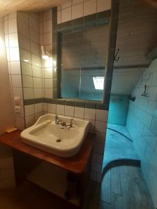 a bathroom with a sink and a mirror at La maison parfumée in La Valade