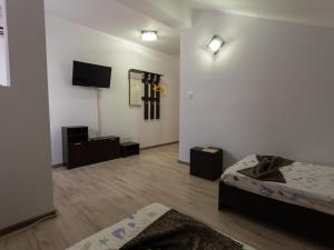a room with a bed and a flat screen tv at Iorga's House in Eforie Nord