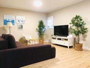 a living room with a couch and a flat screen tv at Villa Vedran in Podgora