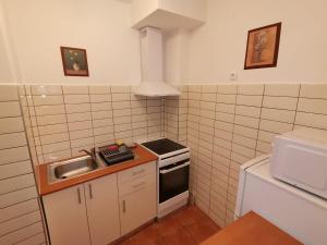 a small kitchen with a sink and a stove at Carpe Diem Apartment in Hajdúszoboszló