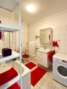 a bathroom with a washing machine and a sink at Die Zeitwohnung in Hochheim am Main