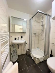 ein Bad mit einer Dusche und einem Waschbecken in der Unterkunft Design Apartment Vendome in Freiburg im Breisgau