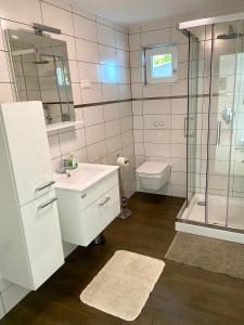 a bathroom with a sink and a shower and a toilet at Villa Rudy Holiday Home in Njivice