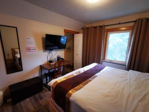 1 dormitorio con 1 cama, TV y ventana en Riverfront Estate Bed&Breakfast Banff, en Banff