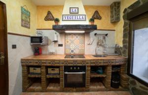 a kitchen with a counter with a stove and a sink at APARTAMENTO LA VEGUILLA in Alhama de Aragón