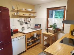 a kitchen with a sink and a counter at Studio 22, Terrasse,Pool,Sauna,Ofen in Neuffen