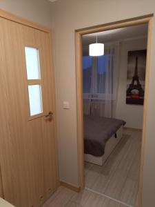 a bedroom with a bed and a door with a mirror at Apartament 26 in Drawsko Pomorskie