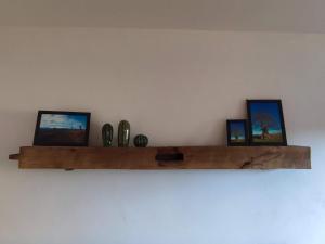 a shelf on a wall with three pictures and a cactus at Webers Ferienwohnungen in Hilders