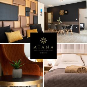シオーフォクにあるATANA Luxury Apartmentsのベッドとダイニングルームが備わるホテルルームです。