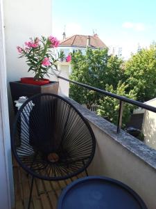 une chaise assise sur un balcon avec une plante dans l'établissement Les Cocons de Stéphanie avec balcon, à Vichy