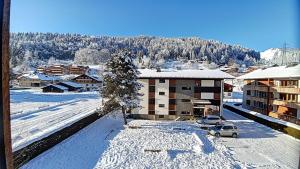 uma cidade nevada com carros estacionados na neve em APPARTEMENT LUMINEUX AVEC 2 BALCONS - MORZINE - 6 PERSONNES - NANTAUX 17 B em Morzine