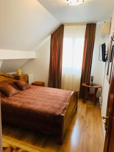Un dormitorio con una cama grande y una ventana en Alex & Maria, en Cărpinişu