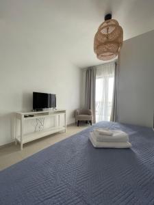 a bedroom with a bed with a blue blanket and a tv at Exclusive 2 Bedroom Seafront Suite with jacuzzi in Zavala