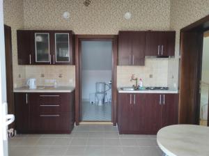 a kitchen with wooden cabinets and a sliding glass door at Apartamentai Tigro guolis Rusnėje in Rusnė
