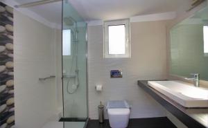 a bathroom with a shower and a toilet and a sink at Mando Beachfront in Stafylos