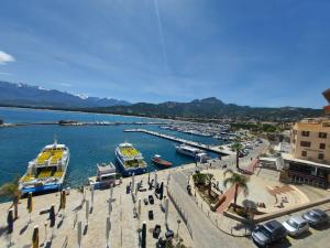 カルヴィにあるAppartement vue mer Christophe Colomb 140m2の水に船が浮かぶ港の景色