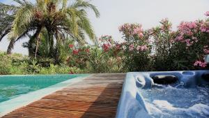 a swimming pool with a bath tub next to some flowers at Casona Granado in El Pilar y Provincias