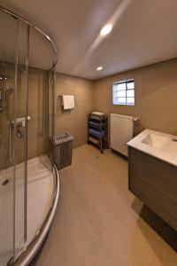 a bathroom with a shower and a sink and a tub at Zur Krone - Ferienhaus 3 in Widdershausen