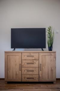 a television on top of a wooden entertainment center at DOMKI RUCHOME PIASKI in Smołdziński Las