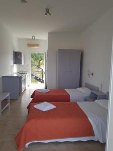 two beds in a room with a kitchen and a kitchen at Seaview Apartments Tsilivi in Tsilivi +124 photos