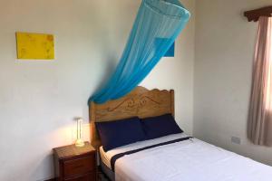 a bedroom with a bed with a blue canopy at Delightful 4bed modern villa with WiFI in Gros Islet