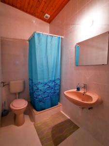 バラトンフレドにあるHuszár Vendégházのバスルーム(トイレ、青いシャワーカーテン付)