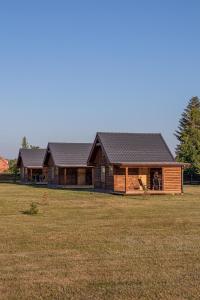 a log cabin in a field with a large yard at Dzintarmājas in Pāvilosta