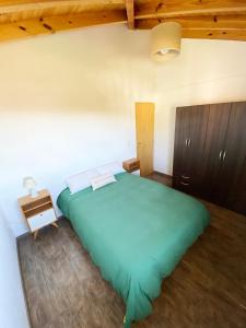 a bedroom with a large green bed and a table at Hermoso departamento con vista al cerro catedral! in San Carlos de Bariloche
