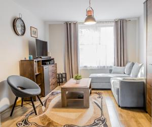 a living room with a couch and a chair at Apartament u Basi in Gdańsk